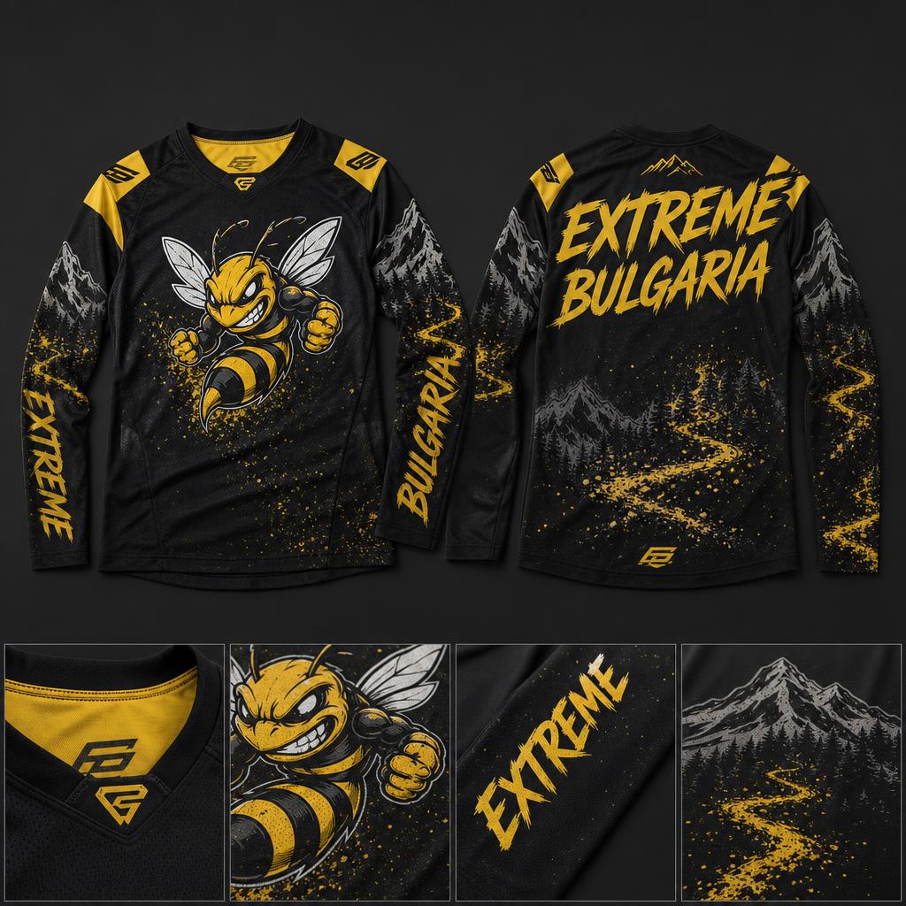 Extreme Bulgarian Enduro Pro Jersey mockup with bee logo and mountain graphics